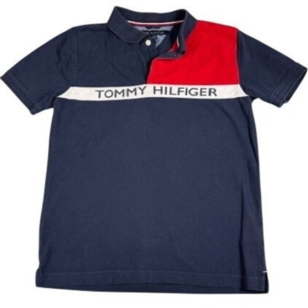 Tommy Hilfiger‎ Polo Boys L 16/18 Navy Blue Colorblock Logo Stripe Pique Shirt